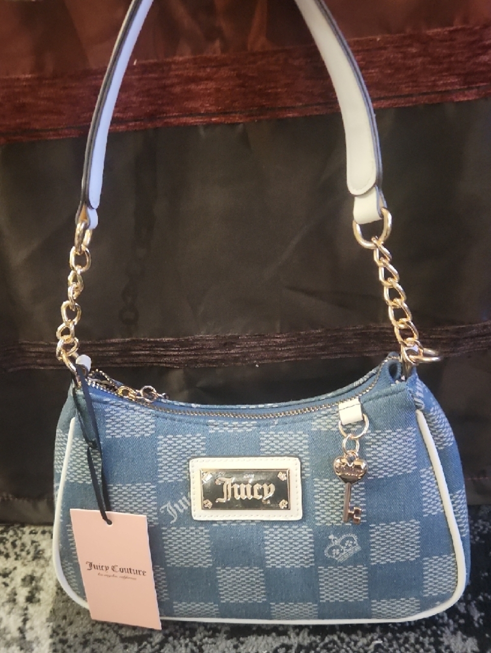 Juicy Couture Denim Blue Check Shoulder Bag with Gold Accents
